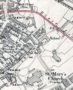Church Street Primitive Methodist church on a map of 1901